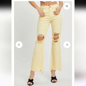 Risen Pastel Butter Yellow Distressed Raw Hem Straight Leg Denim Womens 3/26